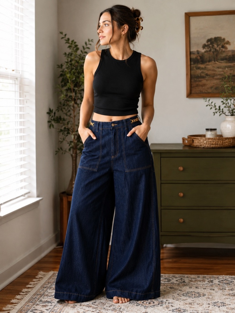 Free Market Jeans Womens M Dark Wash Super Wide Leg High Rise Gold Chain Denim